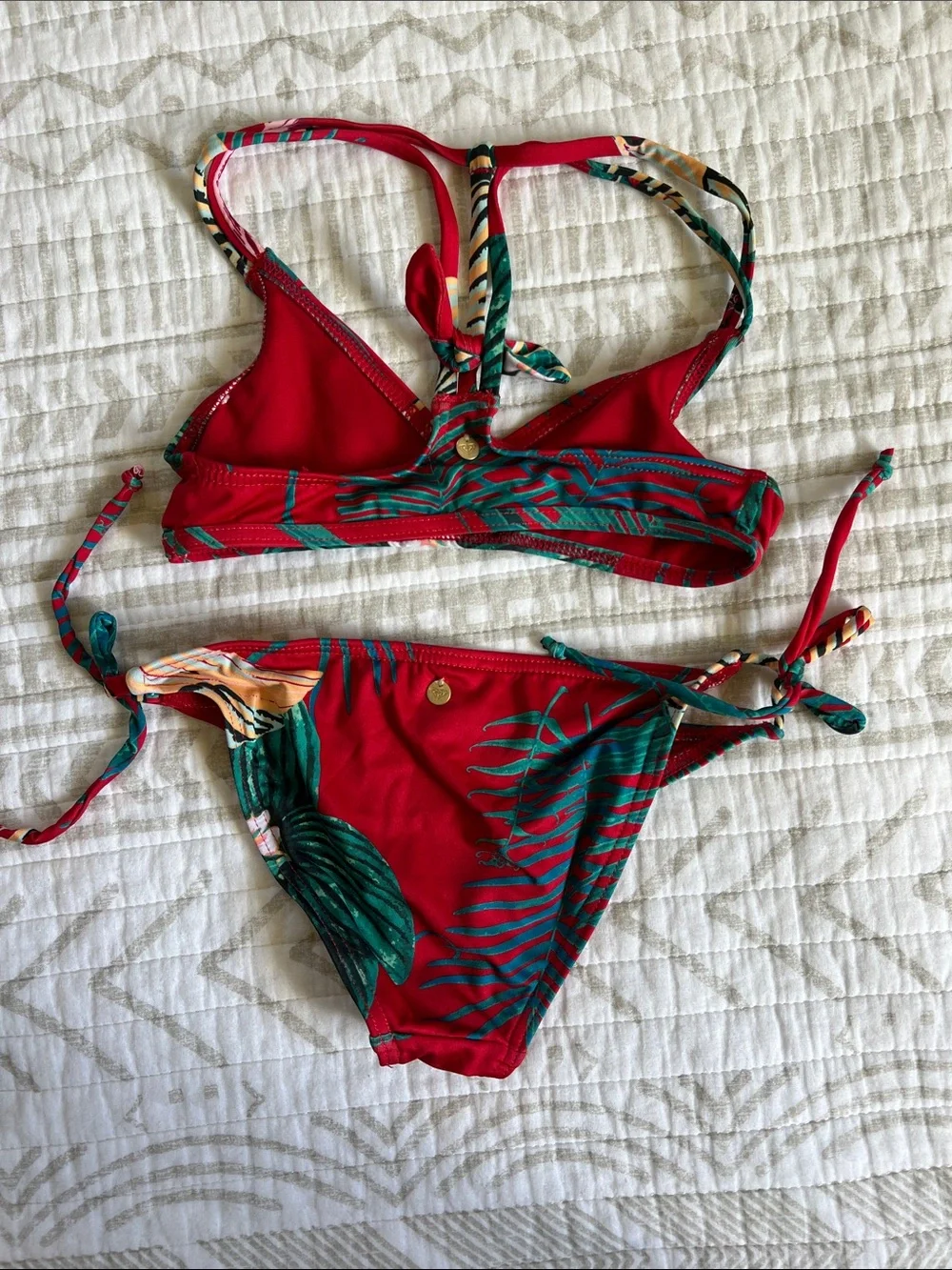 Roxy Red Tropical Leaf Print Bikini Set